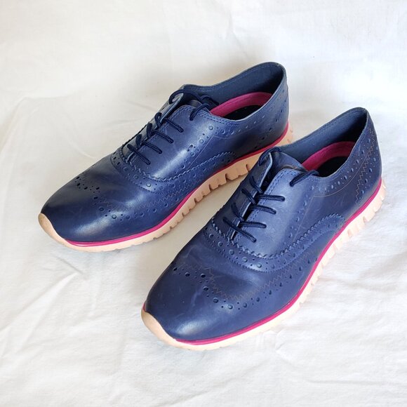 COLE HAAN Zerogrand Leather Wing Lace-up Oxford Marine Blue & Pink Sole 6B EUC - Picture 7 of 8